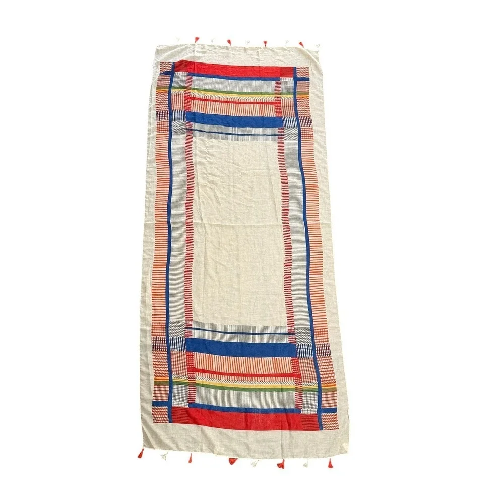 BoHoJJ Cream Red Blue Geometric Grid Tassel Wrap Lightweight  Scarf
